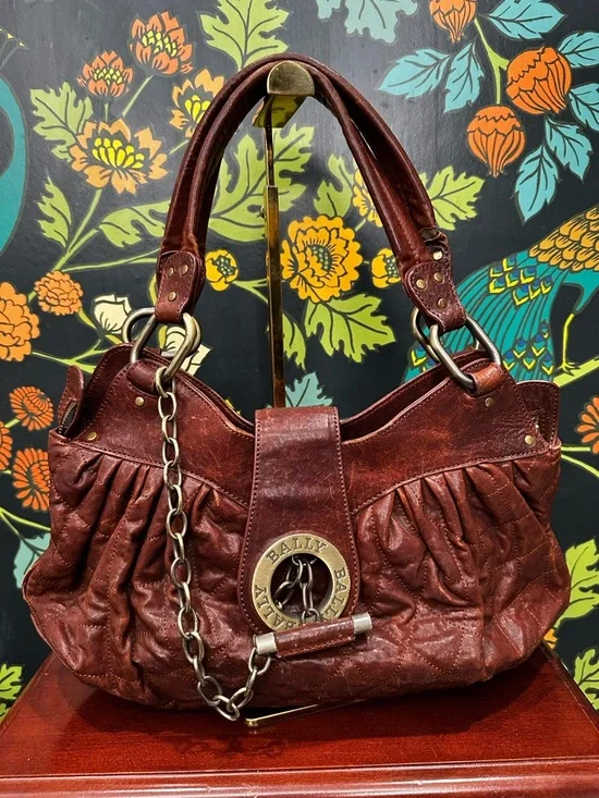 Bally Mopeeh Quilted Leather Shoulder Bag Brown Chain Medallion Y2K Italy - Picture 3 of 14